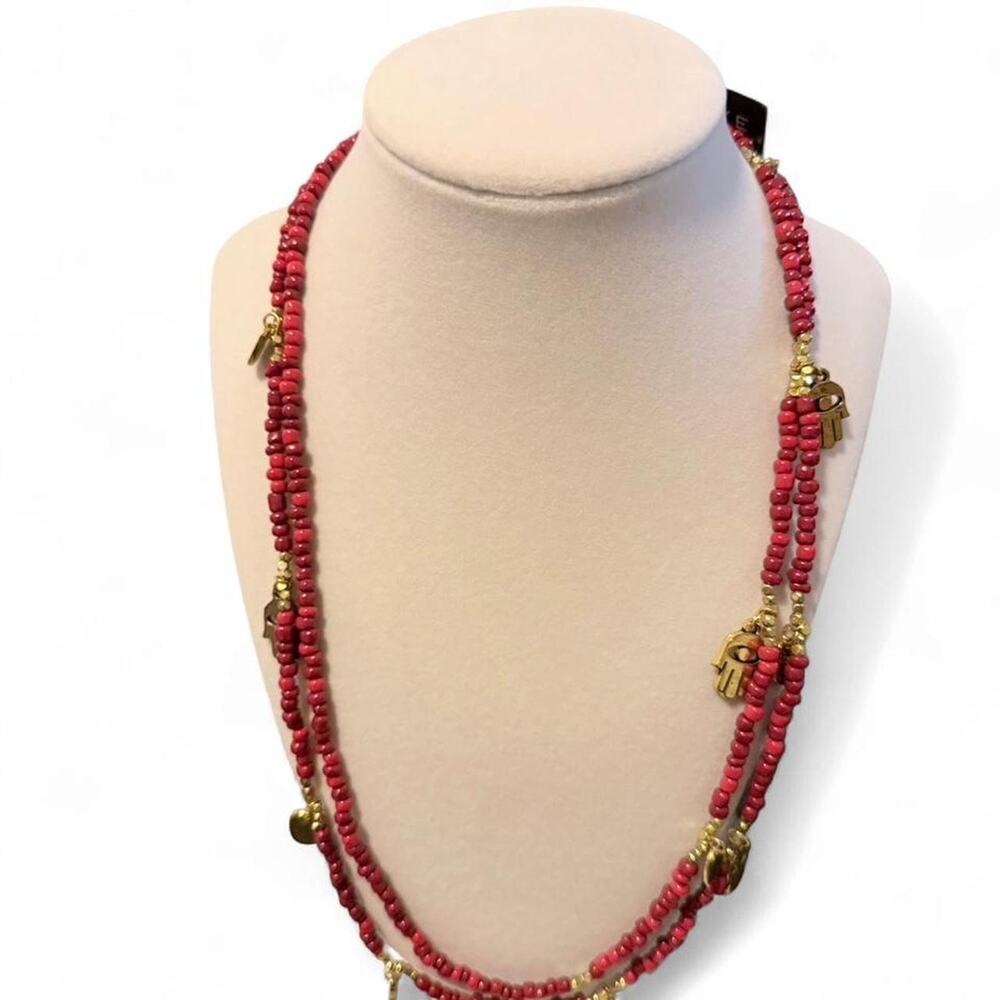 CC Skye Hamsa Bali Red Coral Beaded Necklace Made With Love Charm Long Boho